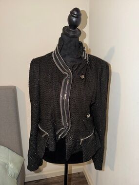 Black Tweed Zip-Trim Blazer Jacket